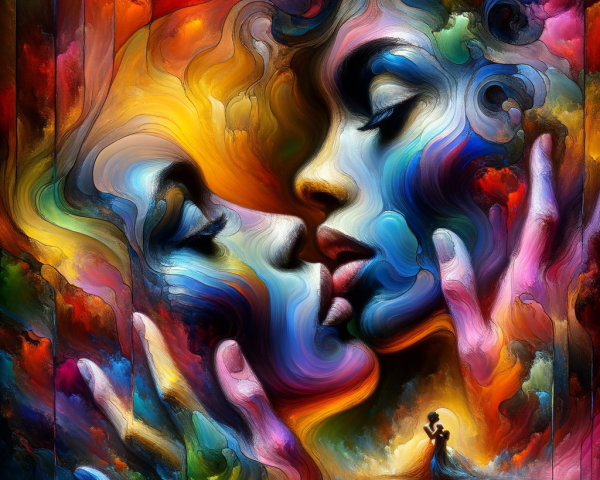 Abstract Stained Glass Kissing Faces with Vibrant Colors