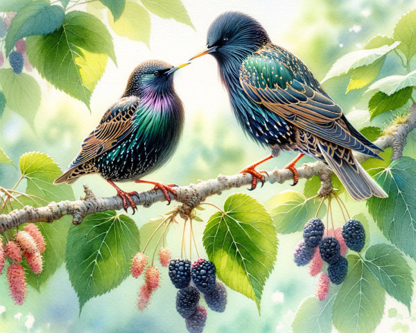 Vibrant Starlings on a Branch Amidst Greenery