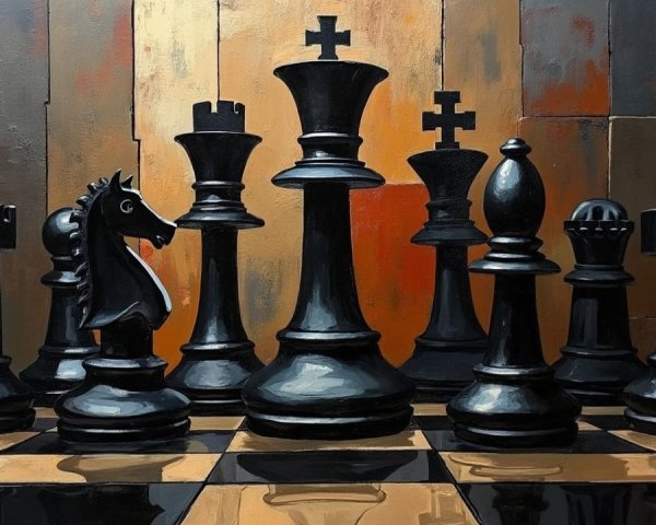 Dramatic Chess Scene with Black Pieces and Warm Hues