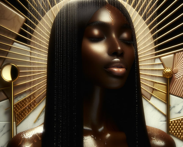 Serene figure with golden halo and geometric patterns