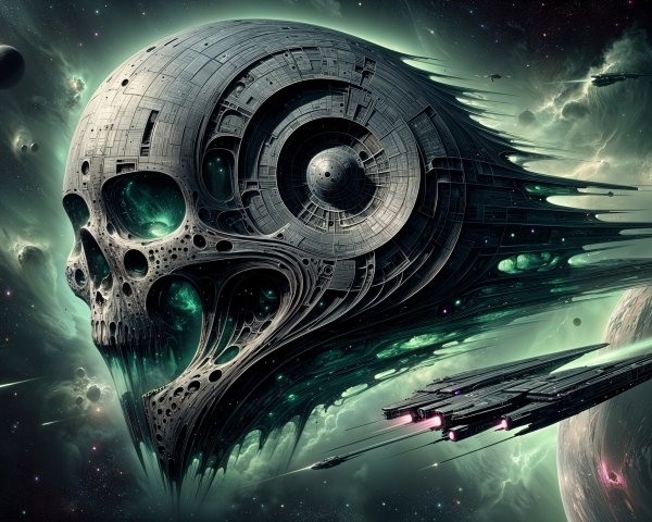 Colossal Metallic Skull in Cosmic Sci-Fi Landscape