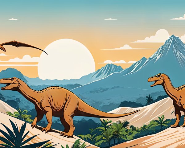 Prehistoric Landscape with Dinosaurs and Sunset Sky