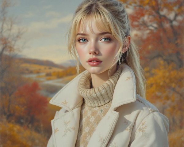 Young Woman in Cream Coat Against Autumn Landscape