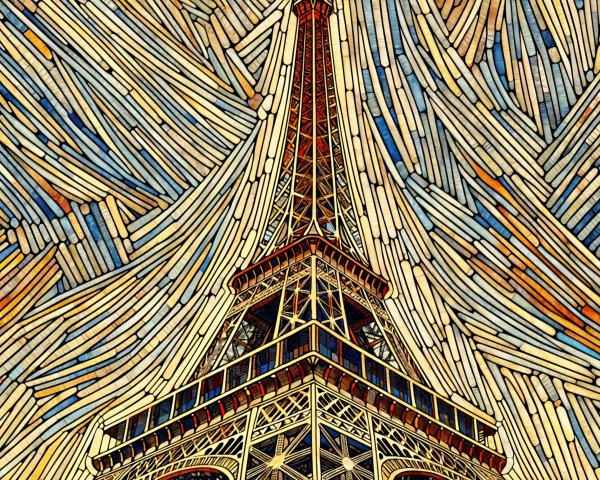 Stylized depiction of the Eiffel Tower with vibrant colors