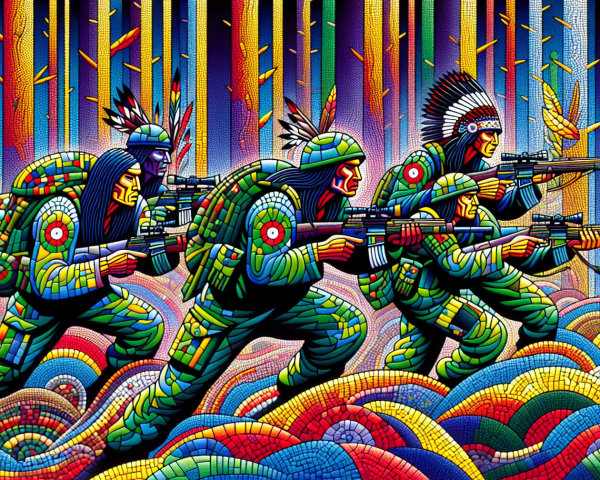 Mosaic Illustration of Native American Warriors in Camouflage