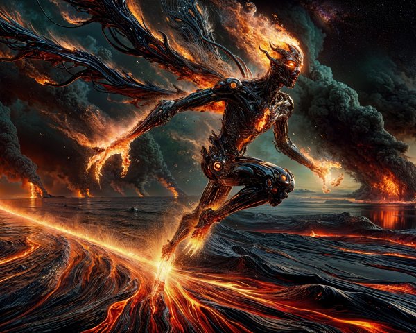 Metallic Figure in Fiery Landscape with Smoke