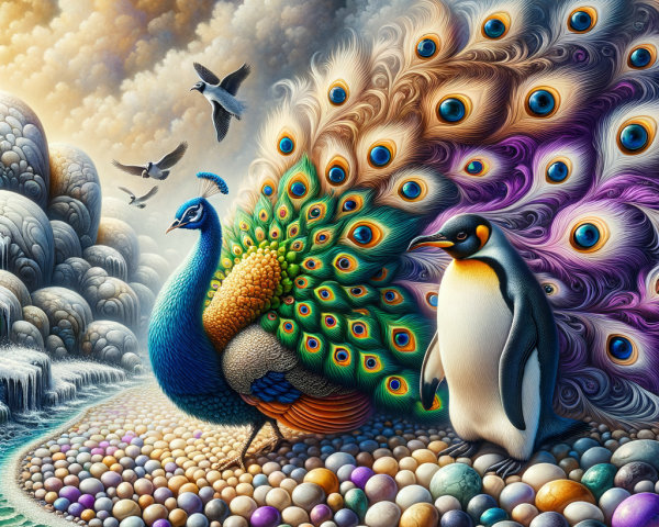 Vibrant landscape with peacock, penguin, and eggs