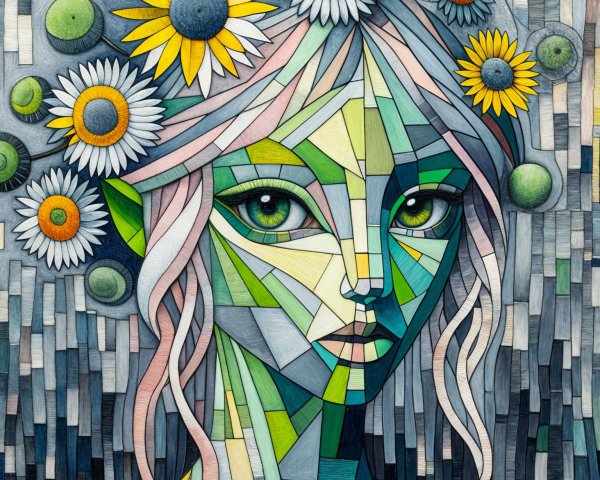 Whimsical Stylized Portrait of a Girl in Mosaic Colors