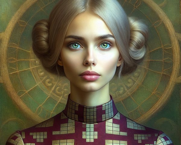 Portrait of a Young Woman with Green Eyes and Buns