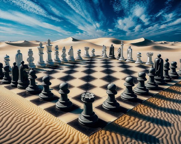 Surreal Chessboard in a Desert Landscape with Dunes