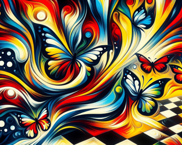 Abstract Composition with Swirling Colors and Butterflies