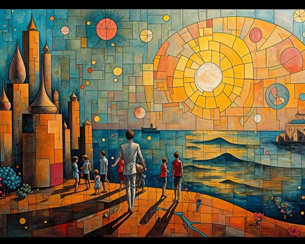 Colorful Mural of Children by a Sunset Ocean Scene