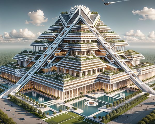 Futuristic Pyramid-Shaped Building with Green Terraces