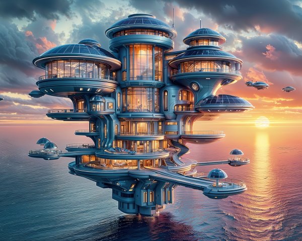 Futuristic Floating Structure Above Serene Ocean