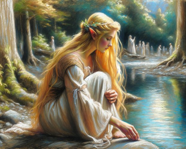 Serene forest scene with an ethereal elf by river