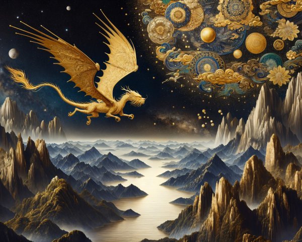 Golden dragon above a tranquil river and mountains