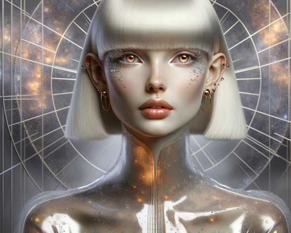Futuristic figure with platinum hair and metallic attire