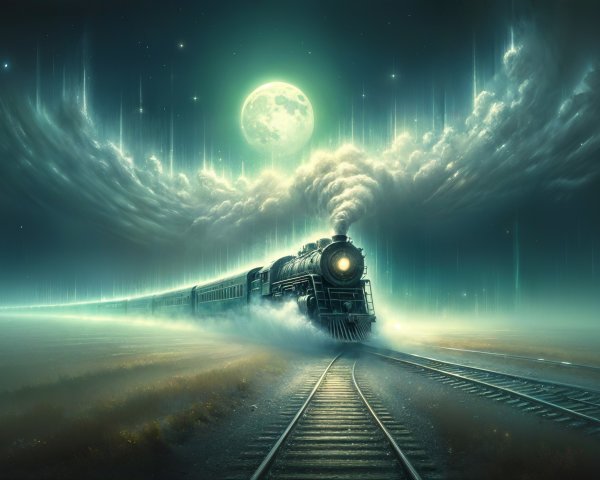 Vintage steam locomotive in a surreal landscape