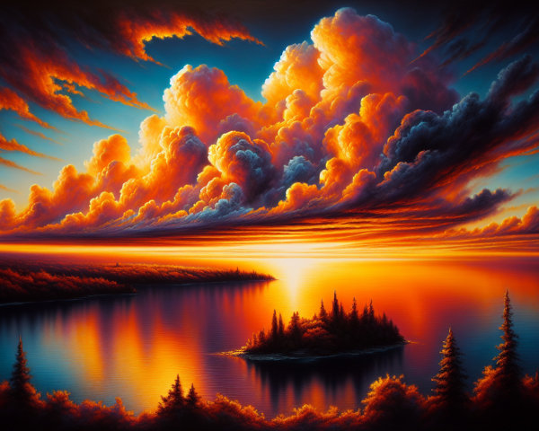 Vibrant Sunset Over a Serene Lake Landscape