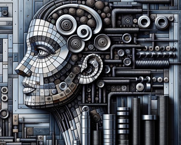 Stylized Human Face Made of Metallic Gears and Pipes