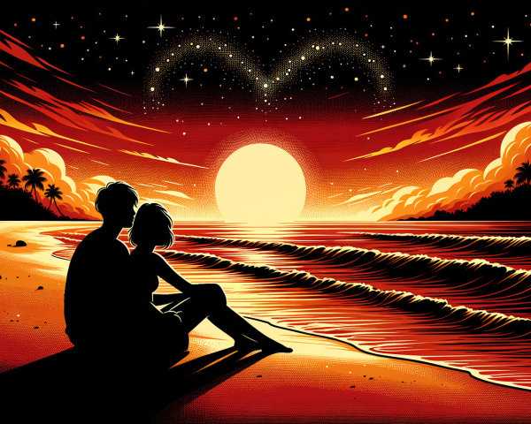 Romantic Sunset Beach Scene with Silhouetted Couple