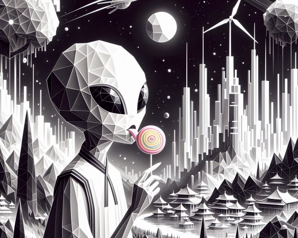 Futuristic Landscape with Alien Figure and Cities