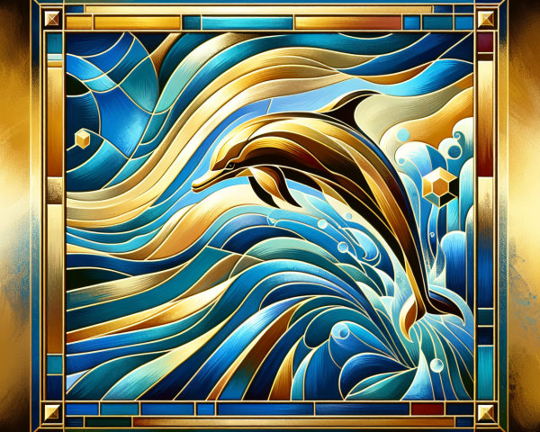 Vibrant Stained Glass Dolphin and Wave Artwork