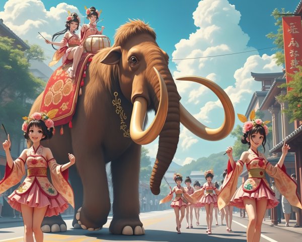 Elephant and Dancers in Colorful Cultural Celebration