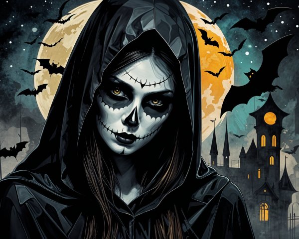 Cloaked Figure with Skull Face Against Gothic Moonlit Scene