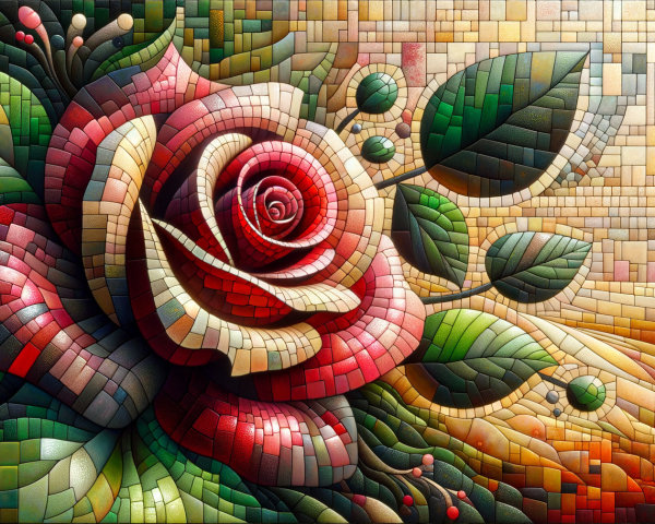 Vibrant Mosaic Rose with Detailed Petals and Leaves