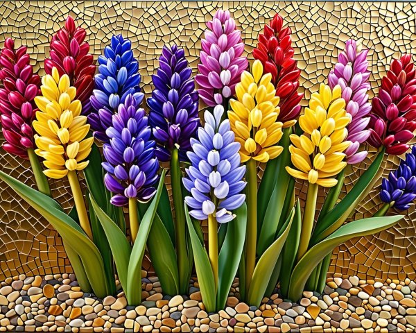 Vibrant Mosaic Artwork of Colorful Flowers and Stones