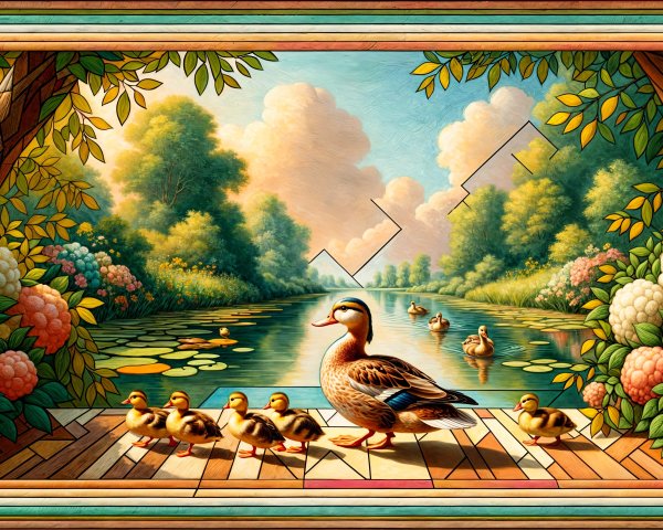 Mother Duck and Ducklings by Calm River Landscape