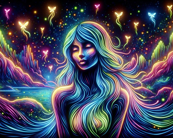 Ethereal Woman in Cosmic Landscape with Fairies