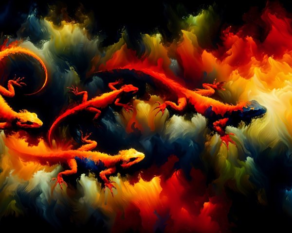 Surreal Abstract Scene with Colorful Lizards