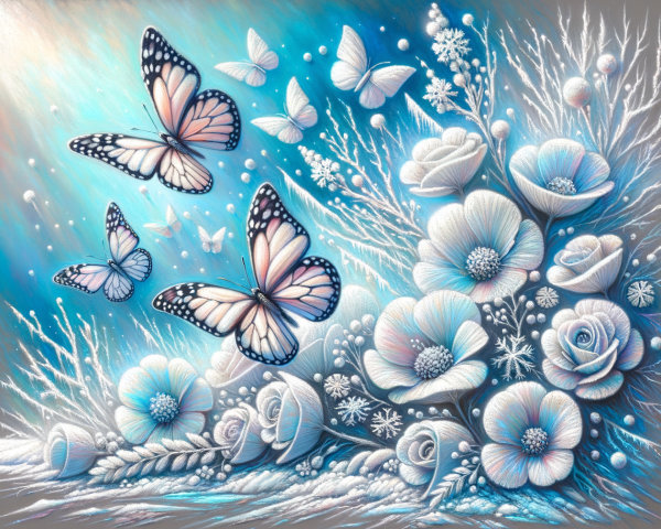 Digital Painting of Flowers and Butterflies in Cool Tones