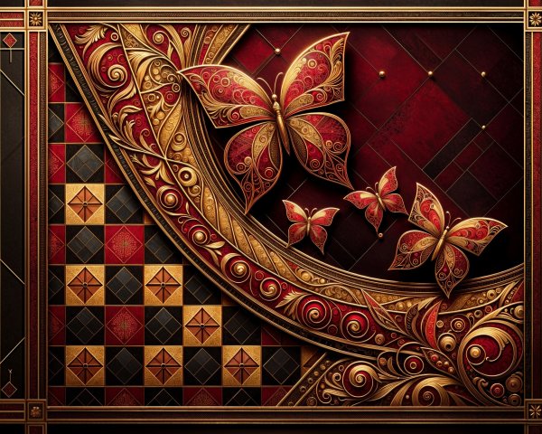 Ornate Design with Butterflies in Red and Gold Tones