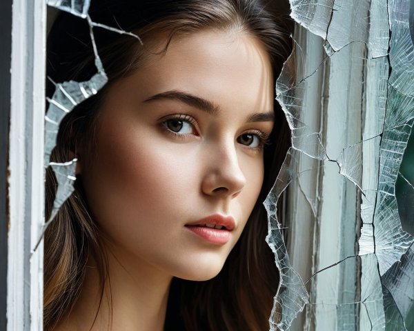 Close-Up Portrait of Woman Through Shattered Window