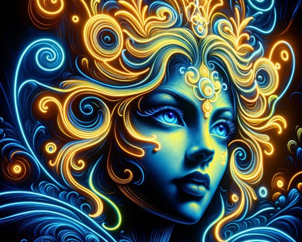 Ethereal figure with golden and blue designs and glow