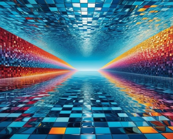 Vibrant Abstract Corridor with Shimmering Mosaic Tiles