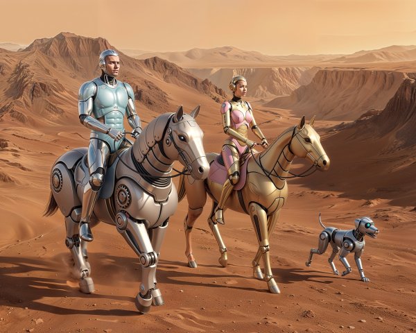 Humanoid Robots Riding Robotic Horses in Desert Landscape