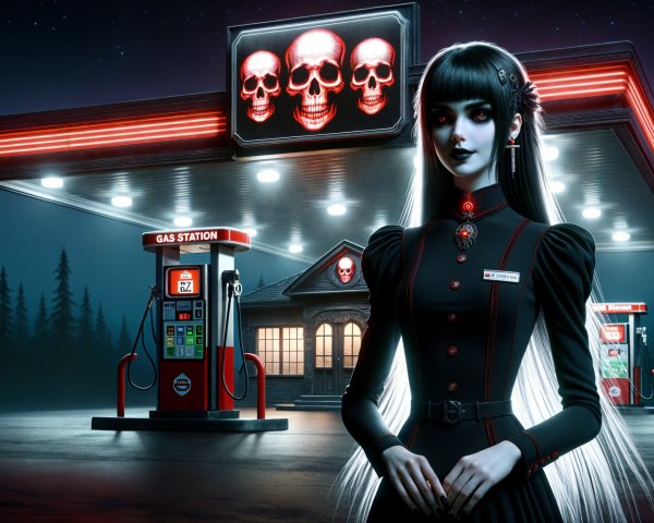 Gothic Gas Station Under Night Sky with Haunting Elements