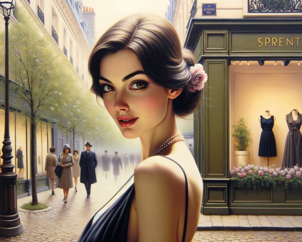 Stylish Woman with Flower in Elegant Cobblestone Scene