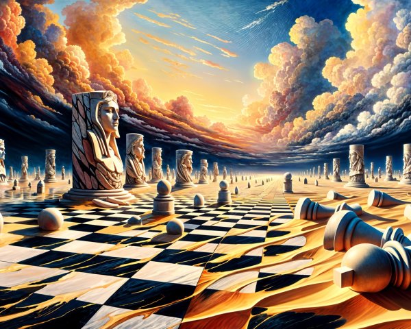 Surreal Chess Landscape with Dramatic Sky and Statues
