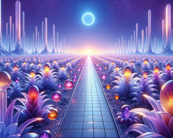 Futuristic Night Landscape with Glowing Alien Flora