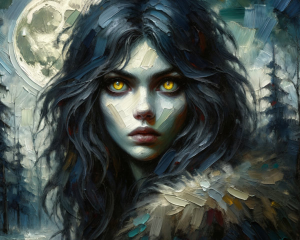 Mysterious Woman with Yellow Eyes in Dark Forest