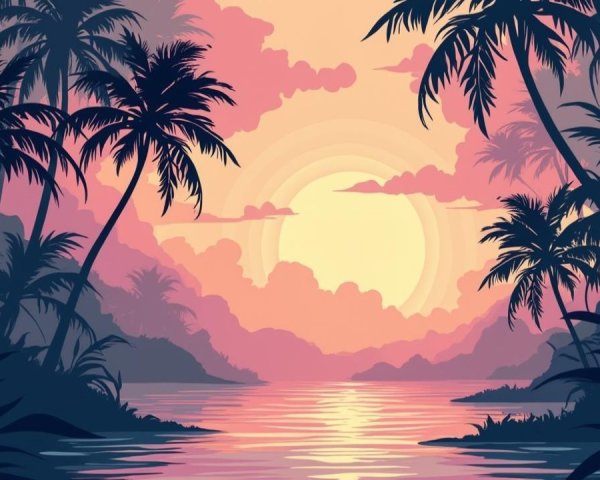Tropical Sunset Landscape with Silhouetted Palm Trees