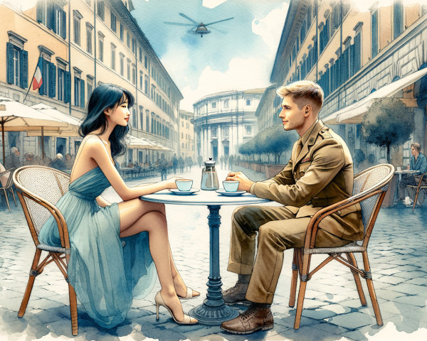 Young couple enjoying coffee at a European café