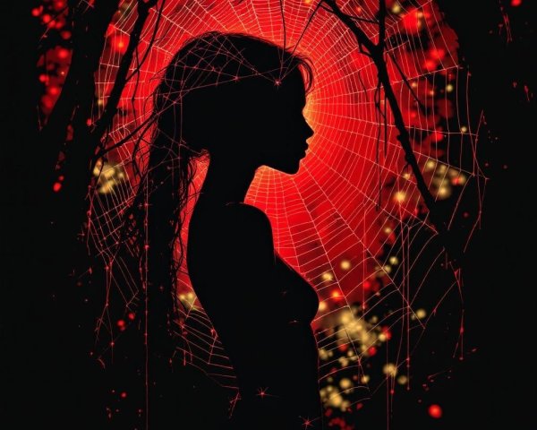 Silhouette of a Woman with Spider Webs on Red Background