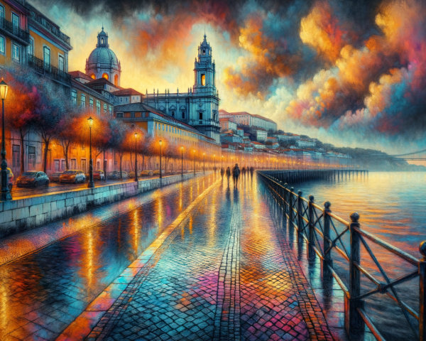 Twilight Waterfront Scene with Historic Buildings