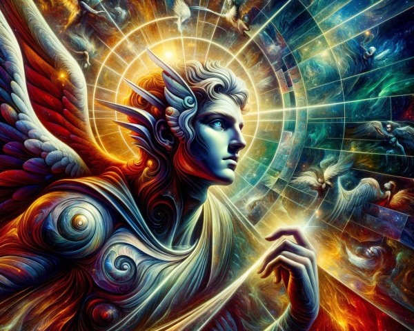 Celestial Figure with Wings in Cosmic Background